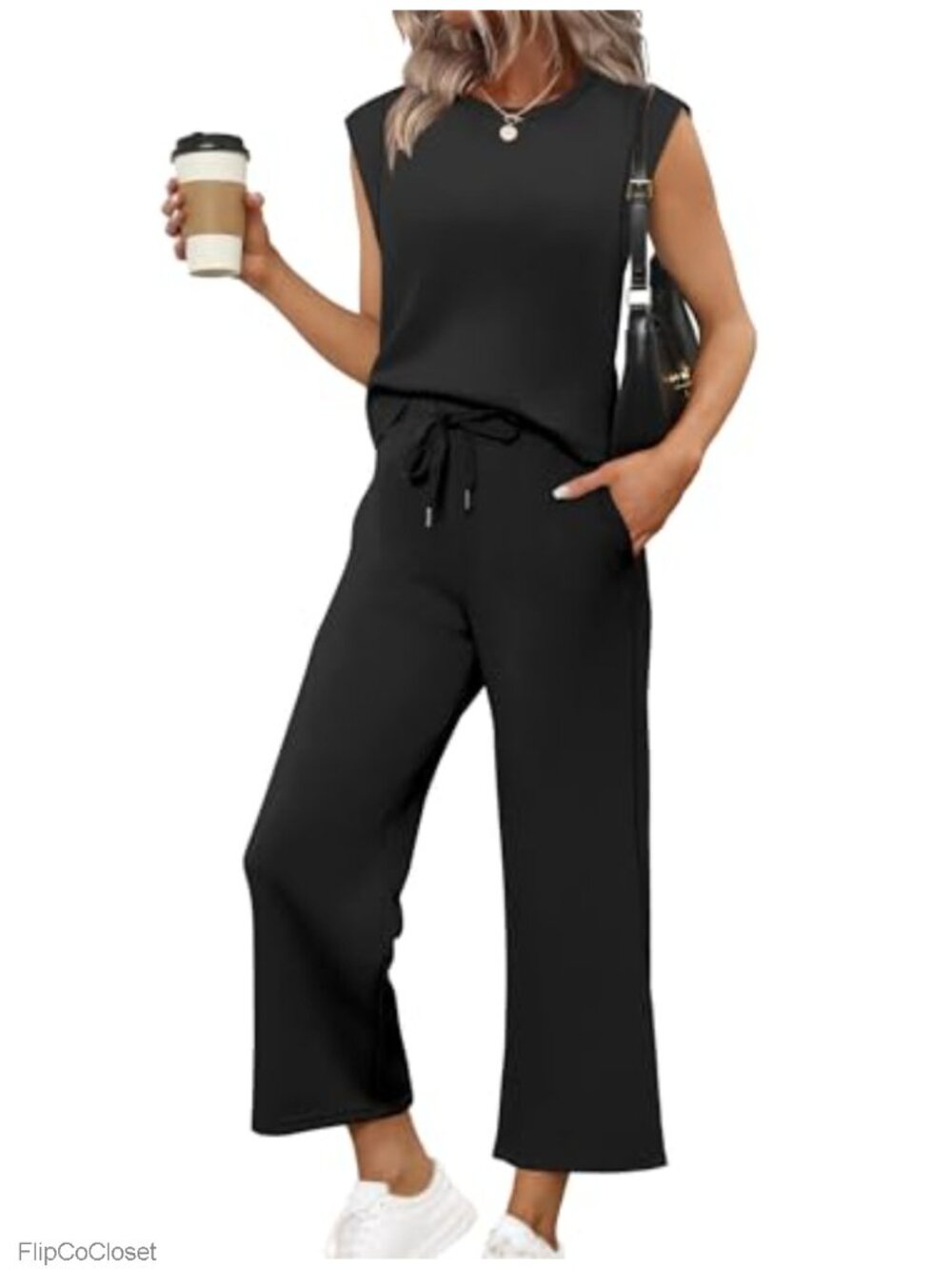 Two Piece Set Cap Sleeve Top Wide Leg Crop Pants Lounge Travel
